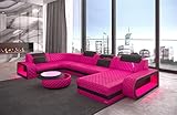 Wohnlandschaft Berlin U Form Leder mit Kopfstützen Sofa mit LED Beleuchtung Moderne Couch (Ottomane rechts, Pink-Schwarz)