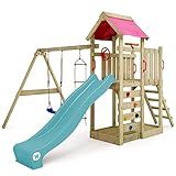 WICKEY Spielturm Klettergerüst MultiFlyer mit Pinker Schaukel & Plandach, türkiser Rutsche, Outdoor Kinder Kletterturm mit Sandkasten, Leiter & Spiel-Zubehör für den Garten