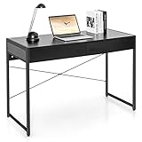 COSTWAY Schreibtisch, Computertisch mit 2 Schubladen, Kleiner Bürotisch, Metall, Industrie-Design, PC Tisch für Arbeitszimmer, Homeoffice, Büro, 112 x 48 x 76 cm (Schwarz)