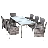 Casaria Polyrattan Sitzgruppe 190x90cm Gartentisch 8X Stühle Stapelbar 7cm Auflagen 5mm Sicherheitsglas Wetterfest Outdoor Gartenmöbel Set Grau Anthrazit