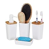 Relaxdays Badaccessoires Set, 4 teilig, modern, Zahnputzbecher, Seifenschale & Seifenspender, Kunststoff & Bambus, weiß, 17,5 x 7 x 7 cm