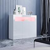 SUNXURY Küchenschrank Sideboard Weiss Hochglanz,3 Türen Griffloses Design Kommode mit LED für Flur Schlafzimmer Küche 116x93x35cm(B/H/T)