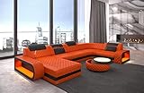 Wohnlandschaft Berlin U Form Leder mit Kopfstützen Sofa mit LED Beleuchtung Moderne Couch (Ottomane Links, Orange-Schwarz)