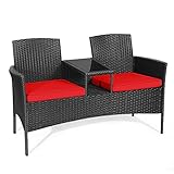 COSTWAY Polyrattan Gartenbank, 2-Sitzer Gartenmöbel Set mit Tisch & Kissen, 138 x 61 x 85 cm, Rattan Sitzbank wetterfest, Balkonmöbel für Garten, Balkon (Rot)
