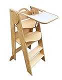BABYLIKE Montessori Lernturm für Kinder | Babyhochstuhl | 2w1 | Lernstuhl ab 1 Jahr | Learning Tower | Tritthocker mit Stufen & verstellbaren Fachböden | Naturholz