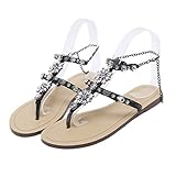 QIANU Frauen Sandalen Strasssteine Ketten Gladiator Sandalen Frauen Flats Kristall Plus Größe 46-Black,47