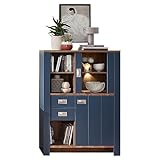 Highboard Vitrine inkl. LED-Beleuchtung Landhausstil in blau mit Eiche Nb., Kommode, Wohnzimmerschrank, Vitrinenschrank, B/H/T ca. 98/134/38 cm