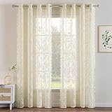 MIULEE 2er Set Gardinen Transparente Vorhänge mit Blätter Spitze Lichtdurchlässige Vorhang Lace Fensterschal mit Ösen Dekoschal für Wohnzimmer Schlafzimmer 150x245 cm Beige