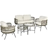 Outsunny Gartenmöbel-Set, 5 TLG. Rattan Sitzgarnitur mit Kissen, Sitzgruppe mit 2 Sesseln, 2 Couchtischen, 1 Doppelsofa, Balkonmöbel im Boho-Stil, für 4 Personen, Alu, Braun