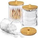 NELXIBI 3 Stück Wattepadspender Set, Wattestäbchen Behälter, mit Bambusdeckel Wattepad Aufbewahrung, Wattestäbchen Spender, Bambus Wattestäbchen Geeignet für Zahnseide, Puderquasten etc Kleine Objekte