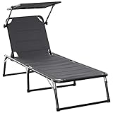 Outsunny Gartenliege Alu Sonnenliege mit Dach Stoffliege Relaxliege 5-Fach verstellbar faltbar ergonomisch Texteline Dunkelgrau 164 x 66 x 84,5 cm