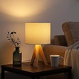 EDISHINE Nachttischlampe aus Holz, Stativ Tischlampe E27 Fassung, vintage weißer Lampenschirm aus Leinen, für Schlafzimmer, Wohnzimmer, Geschenk