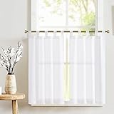 TOPICK Scheibengardinen mit Schlaufen Leinen Bistrogardine Halbtransparent Vorhang Sheer Gardine Schals Scheibengardine Fensterschal für Küche Wohnzimmer Landhaus 2er-Set 65Bx60H(cm) Weiß