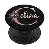 Celina Name, personalisierbar, rosa Rose auf schwarzem Design PopSockets mit austauschbarem PopGrip