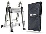 Teleskopleiter DAIMEX 150 kg Traglast rutschfest klappbar Alu-Klappleiter 3,8m Höhe (1,9m+1,9m) Stehleiter Mehrzweckleiter ausziehbar hochwertiges Aluminium Trittleiter Tragetasche Anti-Rutsch-Leisten