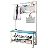 Kleiderbügel-Kleiderregal, 3-in-1-Garderobenständer mit Schuhbank und gepolstertem Sitz, für Schmutzfänger, Flur, Foyer, Möbel (Farbe: Weiß, Blau, Größe: 80 cm)