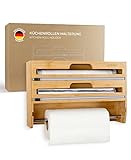 EXITOSO NEU 3 in 1 Folienschneider aus Bambus - Wandrollenhalter Küche Frischhaltefolienspender - Küchenrollenhalter Holz - Küchenrollenhalterung hängend - Zewa Rollenhalter Küchen Organizer