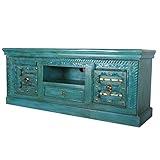 Casa Moro Orientalische Fernsehkommode Harim 150x40x61 cm (BxTxH) türkis aus Massivholz geschnitzt mit Messingintarsien verziert | Vintage Echtholz TV-Lowboard | Boho Chic TV-Schrank | CATV170