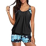 Damen Tankini Set Push up Damen Sportlich Tankini Badeanzug Bauchweg Damen Zweiteiler Bademode Set Sport Badeanzüge Damen Tankini Oberteil mit Dreieck Unterhosen (Black-E, XXXL)