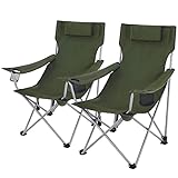 SONGMICS Campingstuhl, 2er Set, Klappstuhl, Outdoor-Stuhl mit Armlehnen, Kopfstütze und Getränkehaltern, Metallgestell, bis 150 kg belastbar, grün GCB09AG02