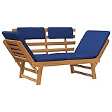 Sweiko 75' Akazie Massiv Sonnenliege, 2-in-1 Gartenbank/Gartenliege mit Auflagen, Sitzbank Bank Liege Gartenmöbel Balkonbank Parkbank Terrasse Sofa Couch Verstellbare Armlehnen Braun+Blau
