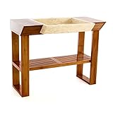 DIVERO Waschtisch-Garnitur Teakholz-Tisch viereckiges Marmorwaschbecken Naturstein-Waschbecken beige poliert