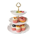 BreeRainz Porzellan Etagere 3 Etagen,Keramik Obst Etagere Servier-Ständer mit 3 Größen von runden Servierplatten (20cm/25cm/30cm),Weiß Cupcake Dessert Ständer für Kuchen,Obst, Snacks