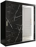 Schrank mit Schiebetüren, Marmur T2 180, Schrank mit Stange und Regal, Schlafzimmerschrank (mattschwarz + schwarzer Marmor, Schubladen: 0)