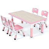 Kindertisch mit 4 Stühlen, kindersitzgruppe Höhenverstellbar, Tisch Stuhl Set für Kindergarten und Kinderzimmer, Plastik Kindermöbel, Maltisch Sitzgruppe für Jungen Mädchen ab 2 Jahre, Hell-Pink