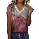 Damenshirt Damen Sommer Print V-Ausschnitt Spitze Spitze Stitching Floral Geometrisches Muster Sexy Fashion Kurzarm T-Shirt Ausschnitt Oberteil Damen