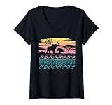 Damen Afrikanische Dekofigur Elefant, Retro, Sonnenuntergang T-Shirt mit V-Ausschnitt