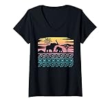 Damen Afrikanische Dekofigur Elefant, Retro, Sonnenuntergang T-Shirt mit V-Ausschnitt