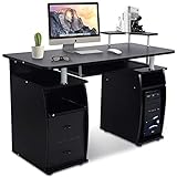 GOPLUS Computertisch, Schreibtisch Farbwahl, Bürotisch mit Tastaturauszug, Arbeitstisch, PC-Tisch mit Schubladen, 120x55x76cm (Schwarz)