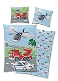 TexIdea Polizei Feuerwehr Bettwäsche Set · Wende-Motiv · Bett-bezug 135x200 cm · Kopfkissen-bezug 80x80 cm · 100% Baumwolle