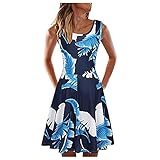 Eauptffy Sommerkleid Damen Knielang Ärmellos Kleider Sexy Lässige Bedruckte A-Linie Sommer-Ärmellos Kurzer U-Ausschnitt Damenkleid Frauenkleid Wickelkleid Schwarz Falte Neckholder Sommerkleid Lang