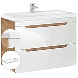 Lomadox Badmöbel Waschtisch Set mit 80cm Unterschrank und Keramik Waschbecken, Hochglanz weiß, 2 Softclose-Schubkästen