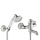 PaulGurkes Wannenarmatur Aufputz Badewannen Armatur Retro Nostalgie Chrom Weiß Einhandmischer Landhausstil 2-Wege Wasserhahn Vintage Keramikeinlage Handbrause Brauseschlauch Duschschlauch 120cm