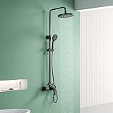 Regendusche mit armatur, YOOZENA Duschsystem Duscharmatur Schwarz, Duschset mit Regendusche, Duschkopf mit 3 Strahlarten, Duschstange, Rund