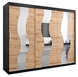Kryspol Schwebetürenschrank SEWILLA 250cm mit Spiegel Kleiderschrank mit Kleiderstange und Einlegeboden Schlafzimmer- Wohnzimmerschrank Schiebetüren Modern Design (Schwarz + Artisan Eiche)