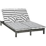 Outsunny Polyrattan Doppelliege Sonnenliege Gartenliege für 2 Personen Relaxliege Luxus Lounge 5-stufige Rückenlehne Metall PE Rattan Grau+Weiß 196 x 120 x 28 cm