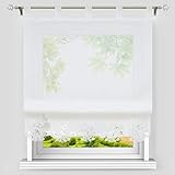 Heichkell Voile Weiße Raffgardine Bestickt Transparentes Raffrollo mit Schlaufen Klassischer Vorhangschal Küche Gardine Blumenstickerei Borte BreitexHöhe 120x155cm