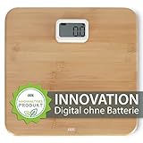 ADE Digitale Körperwaage ohne Batterie | umweltfreundlicher Dynamoantrieb | präzise Wiegeergebnisse in 100-g-Schritten | Wiegefläche aus echtem Bambusholz | bis 150 kg