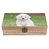 OTRAHCSD Quadratische Holzkiste, Bichon Frisé Hund Aufbewahrungsbox aus Holz, dekorative Holzkiste für Sammlerstücke