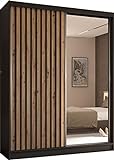 Moderner Kleiderschrank Schwebetürenschrank mit Spiegel und Holzlamellen 100 150 200 cm - Kleiderschrank für Schlafzimmer mit Schwebetüren - Kleiderstange - 160 cm - Schwarz / Schwarze Lamellen