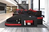 Wohnlandschaft Wave XXL Sofa U Form in Leder - mit LED Beleuchtung, verstellbare Kopfstützen, Recamiere/Lederfarben wählbar/Ausrichtung wählbar (Ottomane rechts, Schwarz-Rot)