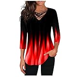 Oberteile Damen Elegant Langarmshirt Pullover Sexy V-Ausschnitt Kreuz Bandgae Oberteile Langarm T Shirt Große Größen Gradient Farbig Lockere Lässiges Longshirt Tunika Top Blusen & Tuniken für Frauen