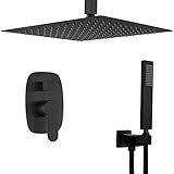 Duscharmatur-System-Set, an der Decke montiertes quadratisches 10–12-Zoll-Regenduschsystem mit Handbrause und Wasserfall-Auslauf, Wannen-Duscharmaturen mit Duschmischer-Set, Schwarz, 12 Zoll
