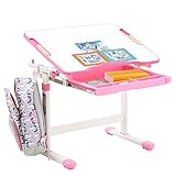 CARO-Möbel Kinderschreibtisch VITA weiß/rosa höhenverstellbar und neigbar, Schreibtisch für Kinder mit Schublade, Tisch mit Rinne für Stifte und Rucksackhalterung