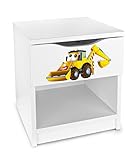 Leomark Modern Nachtschrank für Kinder - Herr Bagger - Nachtschränkchen mit Schublade, Nachttisch aus Holz, Weiß Nachtkonsole mit Aufdruck, Höhe: 42 cm
