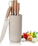 Justup Messer Set, 6-teiliges Khaki Scharfes Messerblock Set für Küche, Antihaft Rutschfestes Edelstahl-Kochmesser-Set mit Universal-Messerblock Geeignet für Home Restaurant Picknick (Khaki)